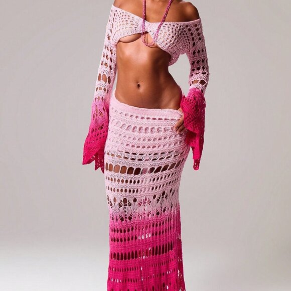 Multicolor Sexy Women's Crochet Ombre Fishtail Hem Sweater Maxi Skirt - Picture 5 of 6
